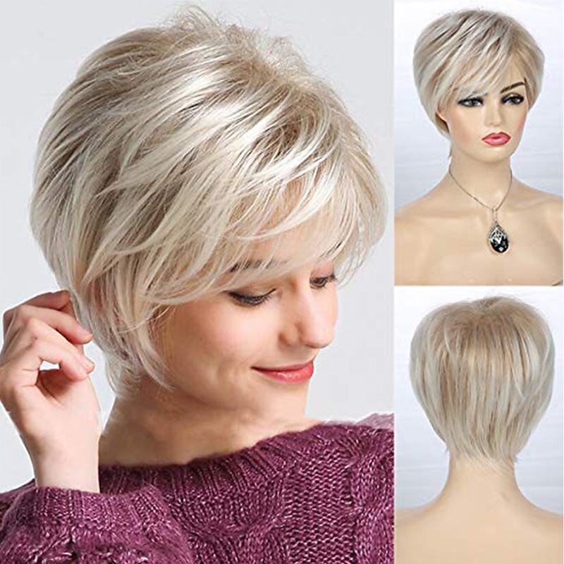 Women's Cropped Layered Blonde Wig Synthetic Heat Resistant Halloween Cosplay Pixie Costume Wig Strap