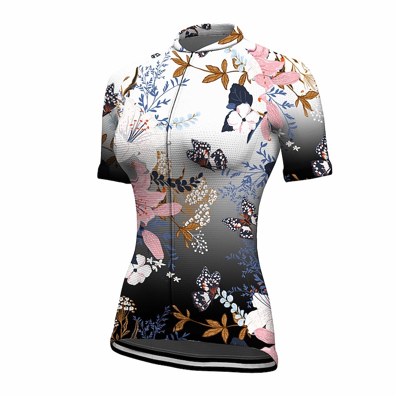 Women's Cycling Jersey Floral Botanical Short Sleeve Bike Jersey Top with 3 Rear Pockets Mountain Bike MTB Road Bike Cycling Quick Dry Reflective Strips Back Pocket Moisture Wicking Sports Black White