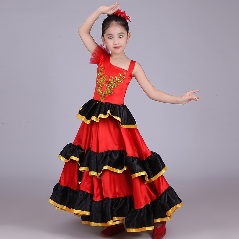 Girls' Flamenco Senorita Dancing Tango Dance Costume Stylish Polyester Red Skirt / Kid's3