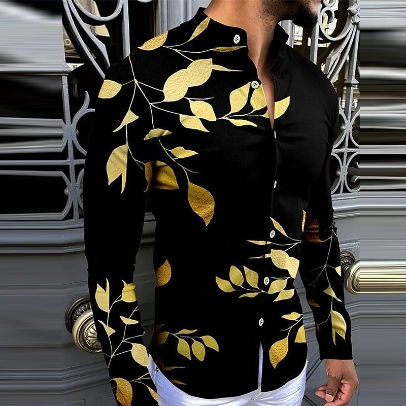 Men's Butterfly Leaves Shirt Button Up Shirt Long Sleeve Fashion Designer Casual Outdoor Casual Daily Summer Spring Turndown Print Button-Down Yellow Gold2