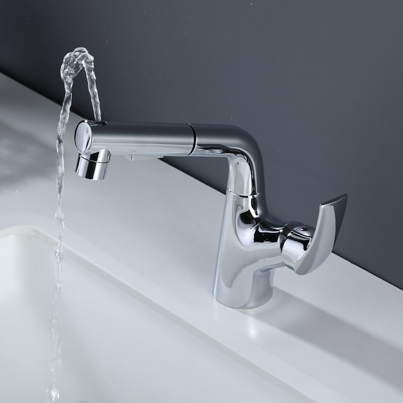 Bathroom Sink Faucet - Rotatable / Pull out Chrome / Electroplated / Painted Finishes Centerset Single Handle One HoleBath Taps2