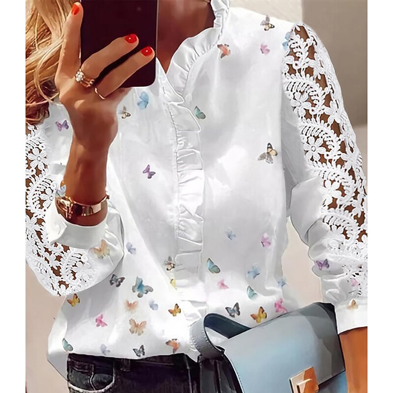 Women's Shirt Lace Shirt Blouse Eyelet top Elegant Streetwear Casual Butterfly Ruffle Mesh Buttons Long Sleeve Regular Tops V Neck Work Casual Daily White Spring Fall2