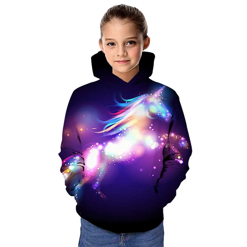 Kids Girls' Hoodie & Sweatshirt Long Sleeve Horse 3D Print Graphic Starry Sky Animal Print Rainbow Children Tops Active Fantasy School 3-12 Years