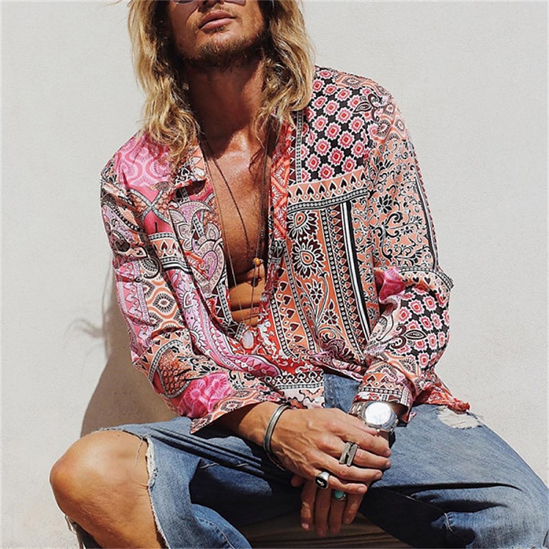 Men's Paisley Tribal Shirt Boho Shirt Long Sleeve Fashion Designer Casual Outdoor Casual Daily Spring &  Fall Turndown 3D Button-Down Light Pink Yellow Blue Green