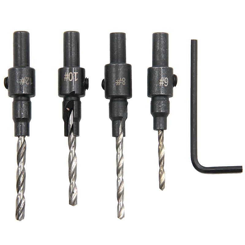 4pcs Drill Bits HSS Round Shank Countersunk Tapper Tool Woodworking Wood Pilot Hole Size #6 #8 #10 #12 With 1 Wrench