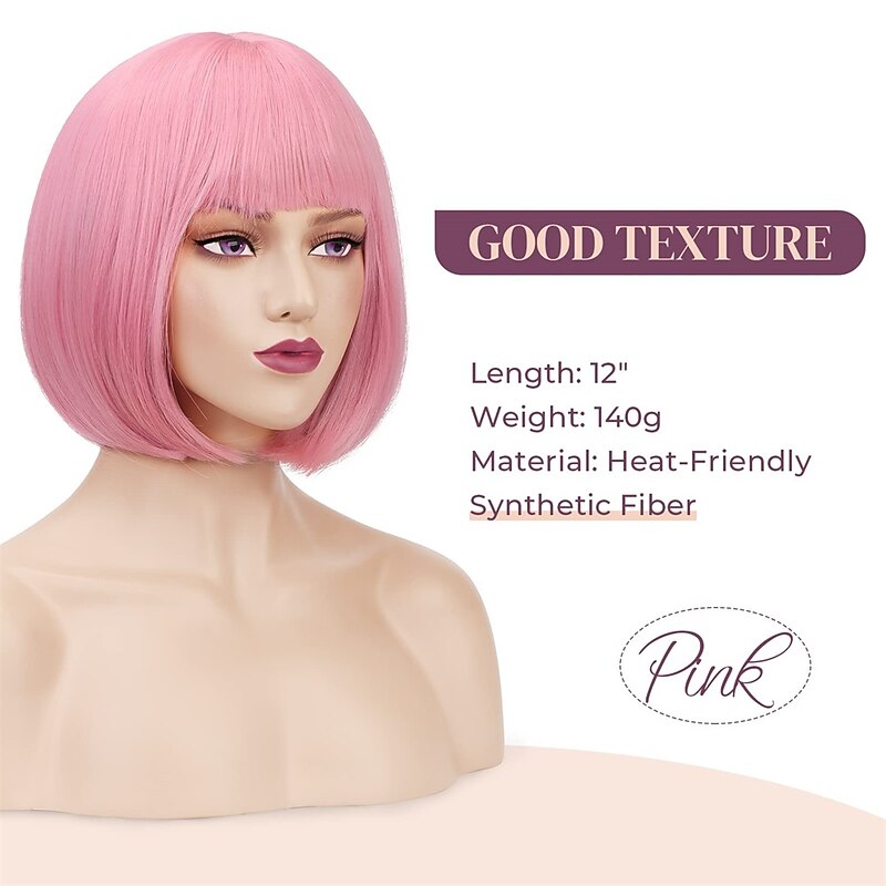 Pink Bob Wig LONAI 12 Short Pink Wigs With Bangs For Women Synthetic Hairpieces Natural Looking Hair For Cosplay Party Daily Use3