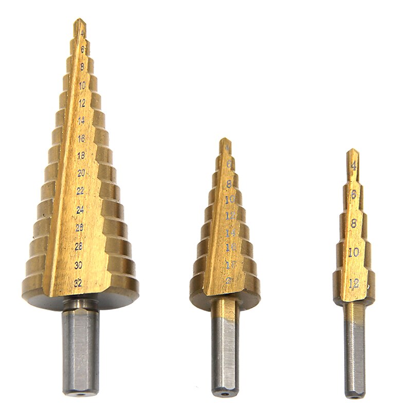 4241 Step Drill Bits 4-32mm 4-20mm 4-12mm Perforator HSS Titanium Coated Straight Flute New2