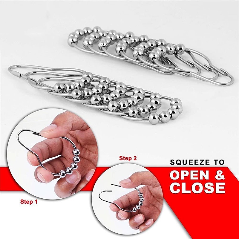 12 pcs Stainless Steel Curtain Hooks Bath Curtain Rollerball Shower Curtain Rings Hooks 5 Rollers Polished Satin Nickel Ball4