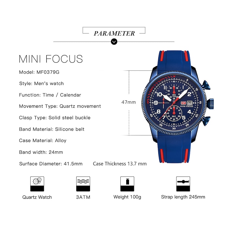 MINI FOCUS Men Quartz Watch Large Dial Outdoor Fashion Business Luminous Three Time Zones Calendar Waterproof Silicone Watch4