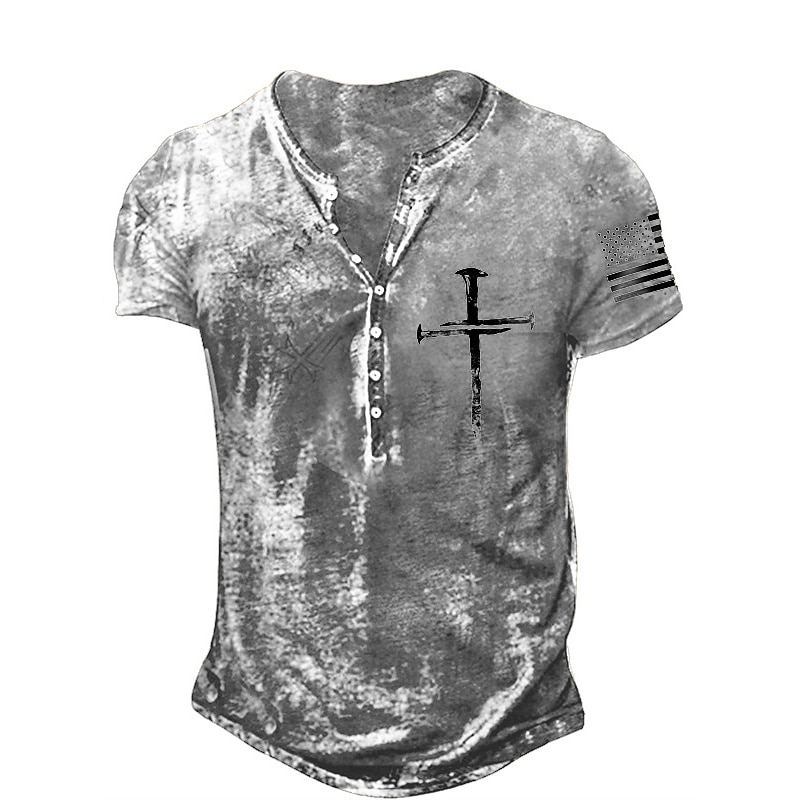 Men's Graphic Cross American Flag T Shirt Henley Shirt Tee Short Sleeve 3D Print Designer Basic Casual Outdoor Daily Sports Summer Black-White Blue Brown Light Grey Henley Henley T-Shirt3