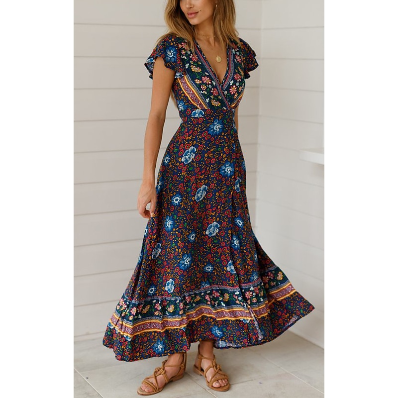 Women's Maxi long Dress Casual Dress Swing Dress Boho Dress Boho Vacation Daily Holiday Regular Fit Floral Short Sleeve V Neck Red Navy Blue Summer Spring