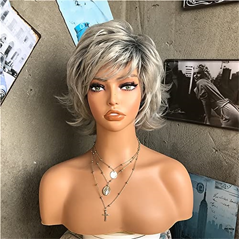 Pixie Cut Wigs Short Grey Wig Silver Omber Gray Wavy Pixie Cut Wigs for White Women with Bangs Synthetic Natural Hair