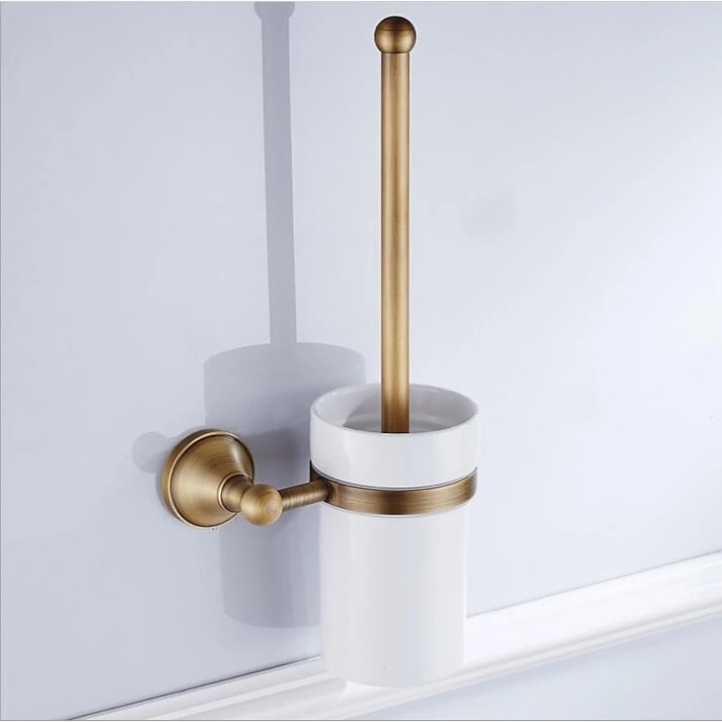 Toilet Brush with Holder,Antique Brass Ceramics Wall Mounted Rubber Painted Toilet Bowl Brush and Holder for Bathroom4
