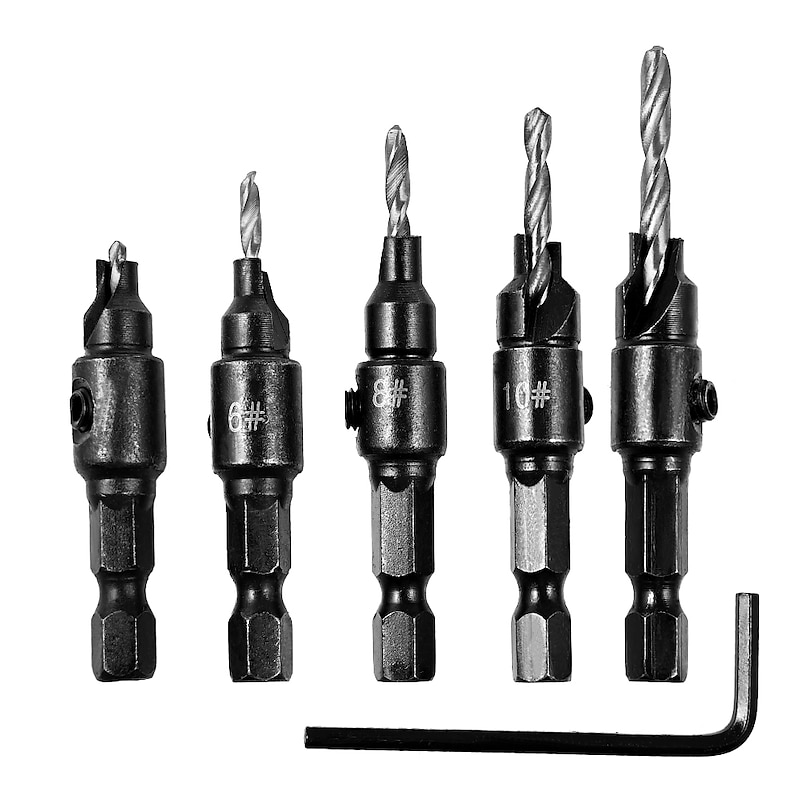 5pcs Drill Bits HSS 1/4 Hex Shank Countersunk Bubble Shell Assembly Titanium Tapper Tool Woodworking Pilot Hole Size #5 #6 #8 #10 #12 With One Wrench3
