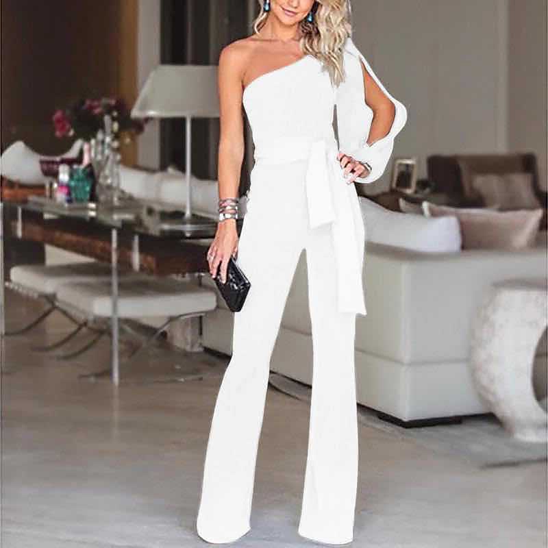 Women's Elegant Party Wedding One Shoulder  White Black Pink Jumpsuit Solid Color Drawstring High Waist3