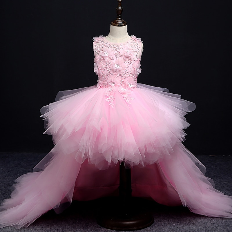 Kids Little Girls' Dress Floral Solid Colored A Line Dress Party Performance Embroidered Mesh Bow Red Asymmetrical Sleeveless Princess Sweet Dresses Spring Summer Regular Fit 3-12 Years2