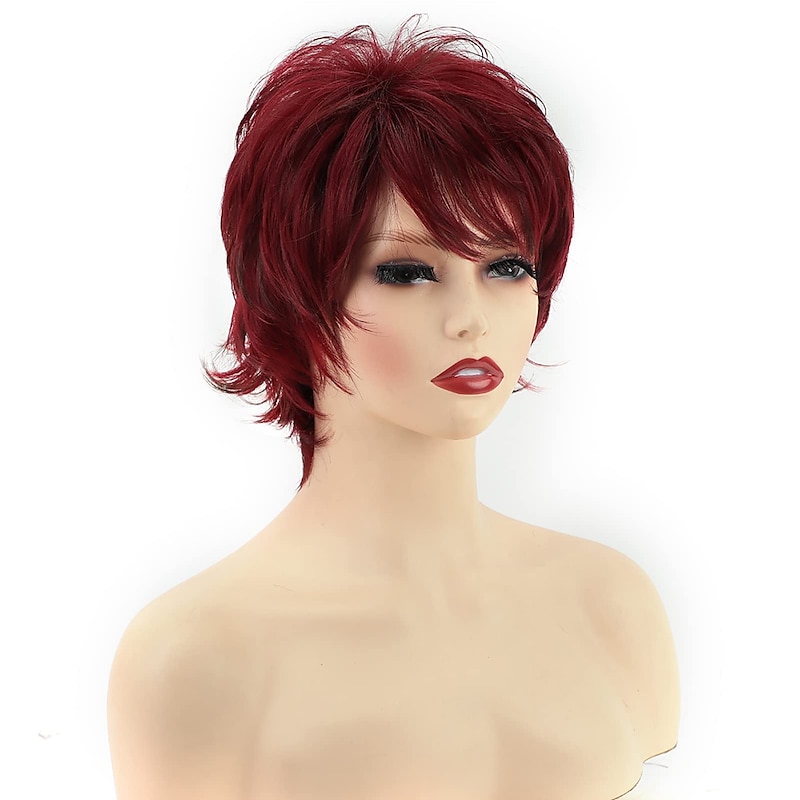 Synthetic Wig Wavy Pixie Cut Wig Short Wine Red Synthetic Hair Women's Party Fashion Burgundy Wigs2