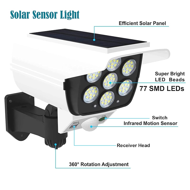 Solar Flood Lights Outdoor Motion Sensor Spot Light Solar IP65 Waterproof Simulation Motion Sensor Wall Lamp Solar Fake Surveillance Cameras LightsSecurity LED Flood Light for Courtyard Street Garden2