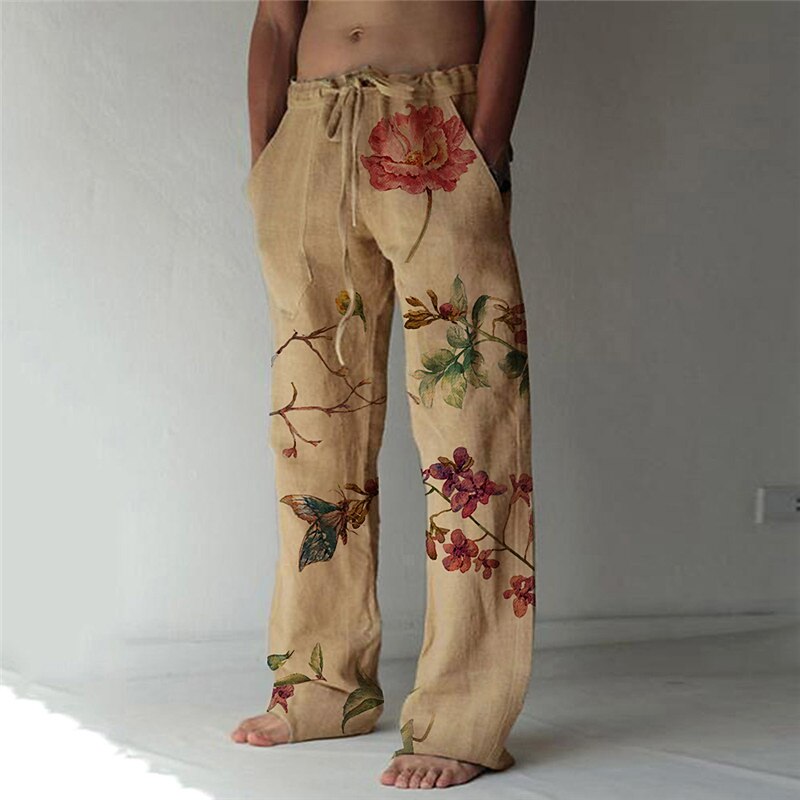 Men's Trousers Summer Pants Beach Pants Elastic Drawstring Design Front Pocket Straight Leg Flower / Floral Comfort Soft Casual Daily For Vacation Linen Like Fabric Hawaiian White Apricot Inelastic2