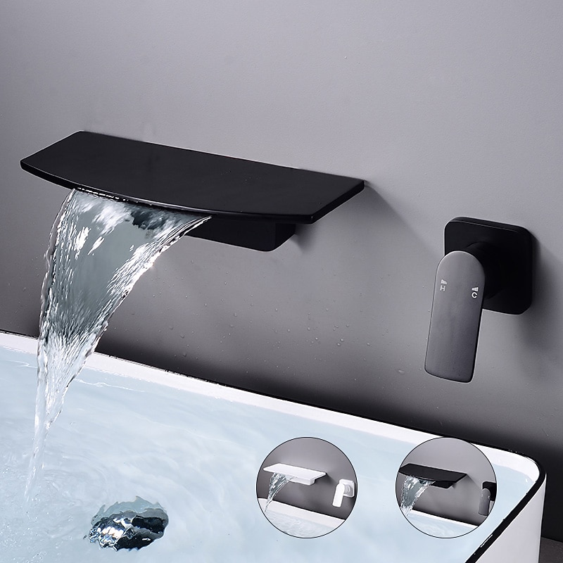 Wall Mount Bathroom Sink Mixer Faucet Brass, Waterfall Basin Taps Wall Mounted Single Handle One Hole Tap with Hot and Cold Hose Black White Electroplated