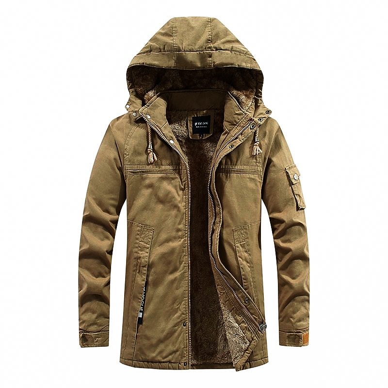 Men's Winter Parka Coat Hiking Fleece Jacket Warm Windbreaker Jacket with Hooded Military Tactical Jacket Outdoor Thermal Windproof Jacket Sports Trench Coat Top Skiing Hunting Fishing ArmyGreen Black3