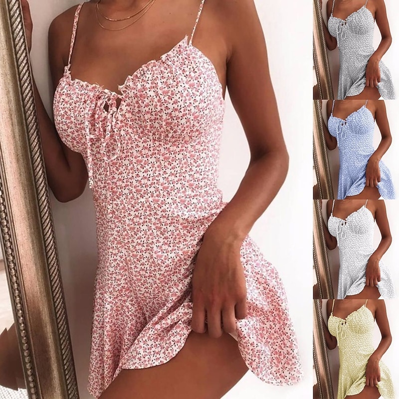 Women's Casual Dress Sundress Floral Dress Mini Dress Dark Yellow Light Pink White Sleeveless Floral Lace up Spring Summer Spaghetti Strap Hot Vacation Weekend Slim 2023 S M L XL XXL 3XL 4XL 5XL