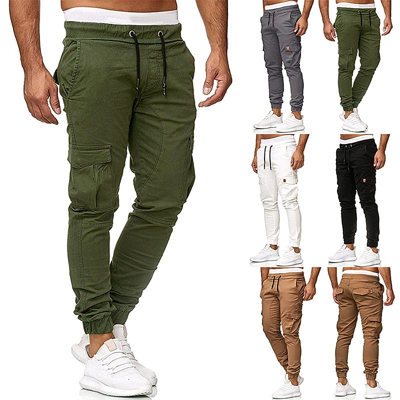 Men's Cargo Pants Cargo Trousers Joggers Trousers Drawstring Elastic Waist Multi Pocket Solid Color Sports Outdoor Daily Wear Casual Slim ArmyGreen Black