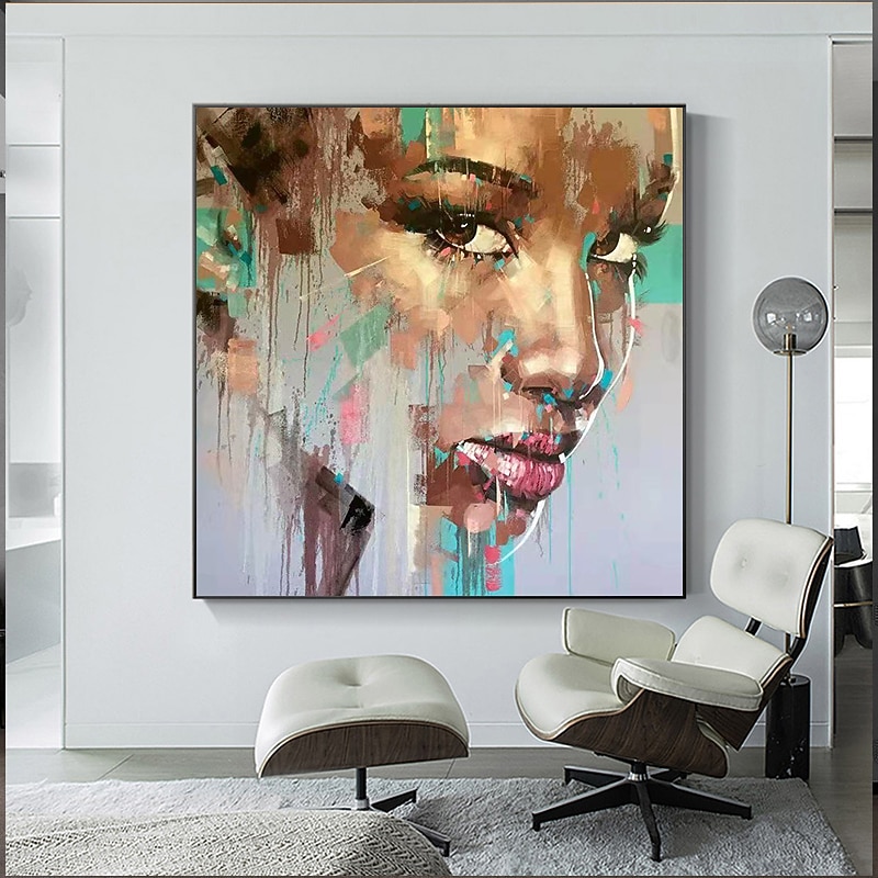 Oil Painting Hand Painted Square Abstract People Contemporary Modern Rolled Canvas (No Frame)