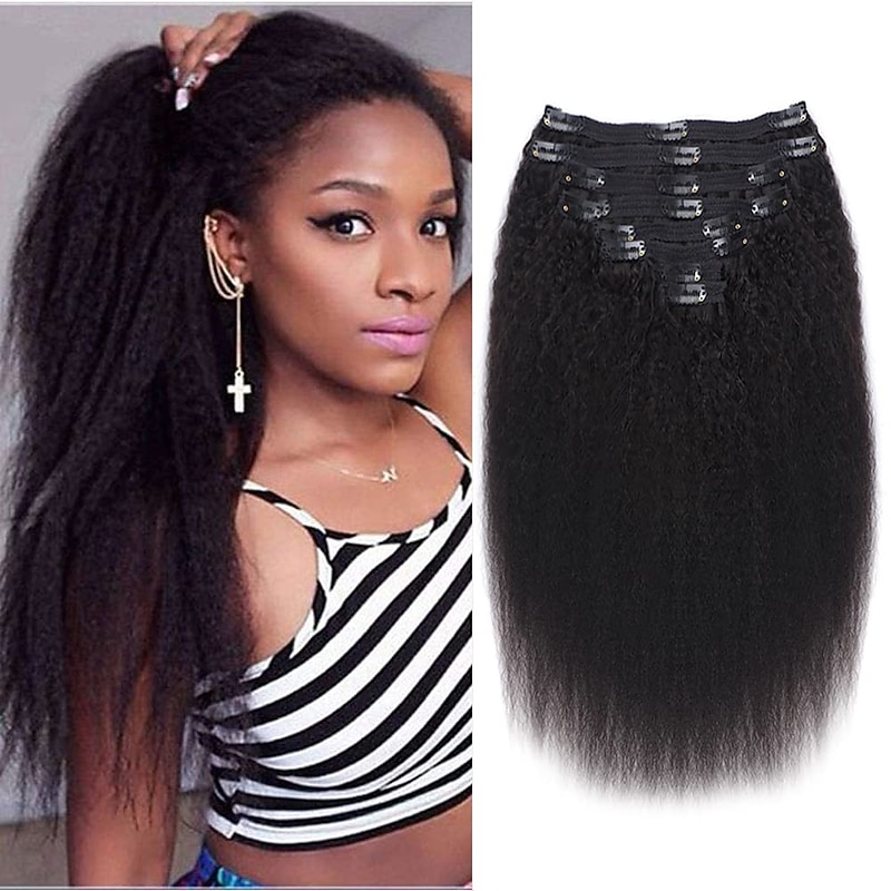 Clip in Hair Extensions Human Hair Kinky Straight Silky Virgin Hair Clip in Full Head 18 Inch Unprocessed Brazilian Remy Human Hair for Black Women 8pcs with 18 Clips 120 Gram Per Set