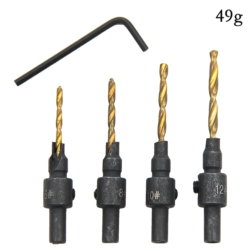 4pcs Drill Bits HSS Round Shank Countersunk Tapper Tool Woodworking Wood Pilot Hole Size #6 #8 #10 #12 With 1 Wrench4