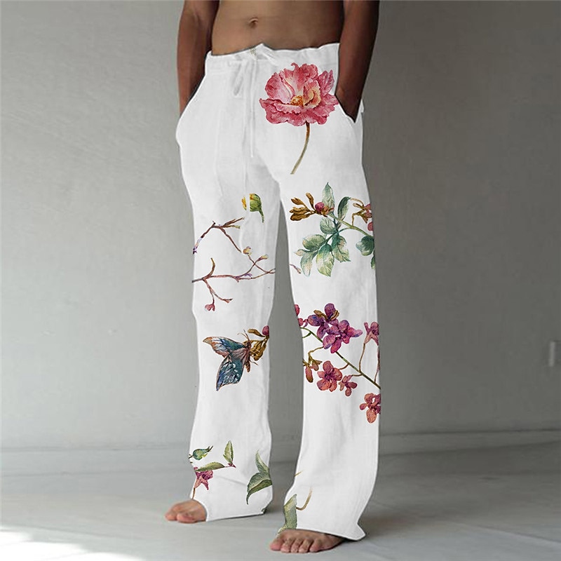 Men's Trousers Summer Pants Beach Pants Elastic Drawstring Design Front Pocket Straight Leg Flower / Floral Comfort Soft Casual Daily For Vacation Linen Like Fabric Hawaiian White Apricot Inelastic