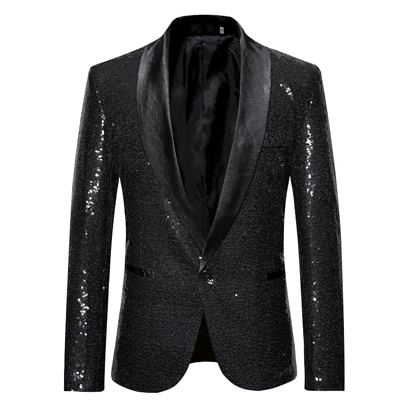 Men's Blazer Jacket Blazer Shawl Collar Party Sparkle Casual Solid Colored Silver Black Wine Regular Fit Single Breasted One-button3