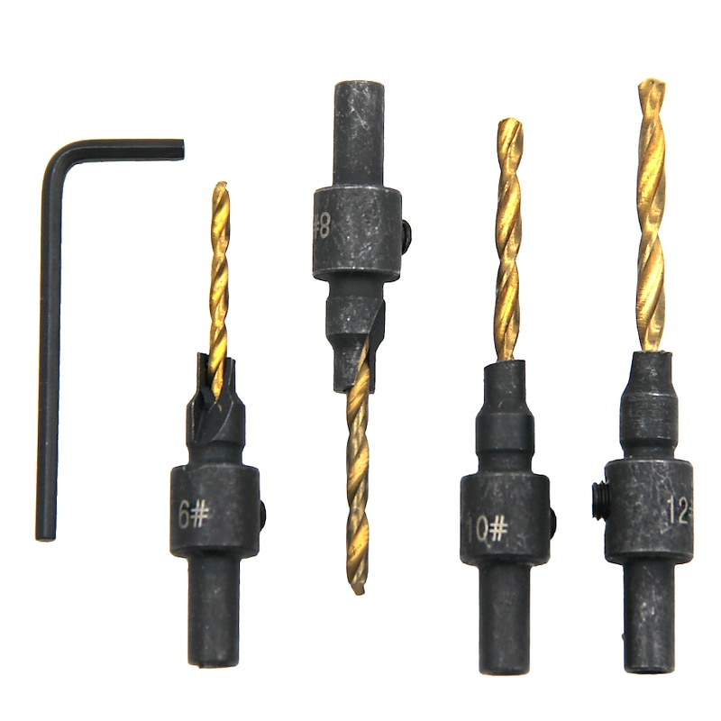 4pcs Drill Bits HSS Round Shank Countersunk Tapper Tool Woodworking Wood Pilot Hole Size #6 #8 #10 #12 With 1 Wrench3