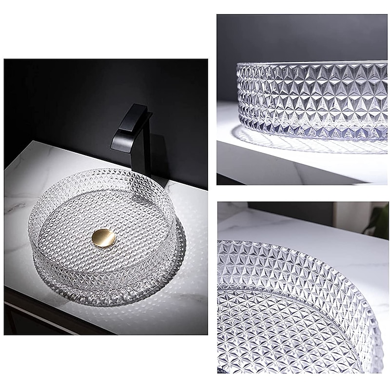 Bathroom Vessel Sink with Black Faucet, Modern Clear Tempered Glass Basin with Pop-Up Drain, Artistic Round Basin Bowl Set, Above Counter Vanity Sink4