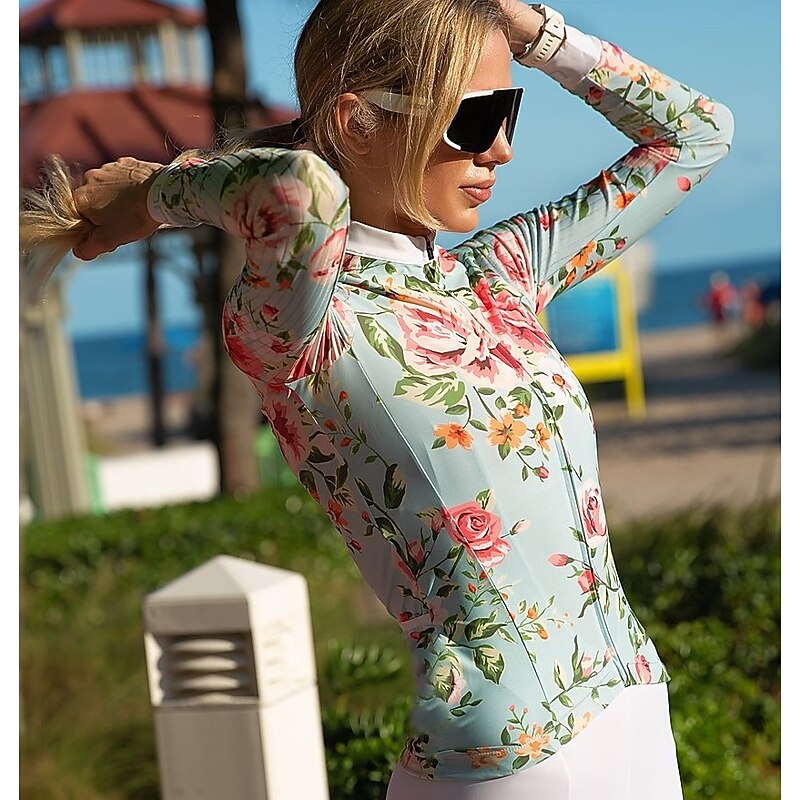Women's Cycling Jersey Floral Botanical Long Sleeve Bike Top with 3 Rear Pockets Mountain Bike MTB Road Bike Cycling Quick Dry Reflective Strips Back Pocket Moisture Wicking Sports White+Pink Yellow2