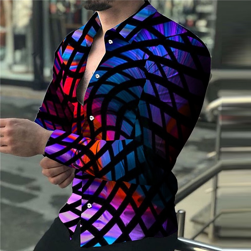 Men's Color Block Optical Illusion Geometric Pattern Shirt Button Up Shirt Long Sleeve Fashion Designer Casual Outdoor Street Holiday Summer Spring Turndown Print Button-Down Pink Purple Green