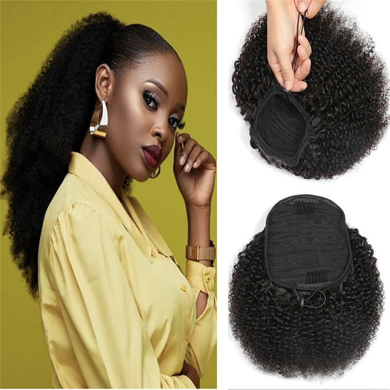Human Hair Drawstring Ponytail For Black Women 8A Brazilian Virgin Afro Kinky Curly 4B-4C Wig Clip In Ponytail Extension One Piece Human Hair Pieces Natural Black