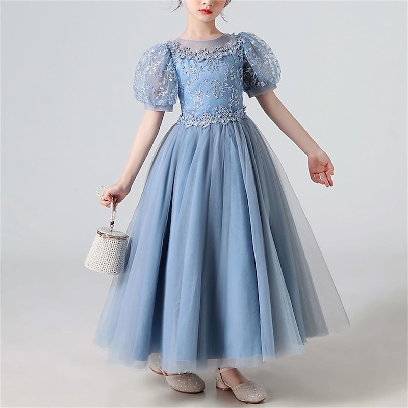 Kids Girls' Dress Plants Short Sleeve Party Birthday Mesh Embroidered Cute Princess Polyester Maxi Tulle Dress Summer Spring 4-13 Years White Pink Blue