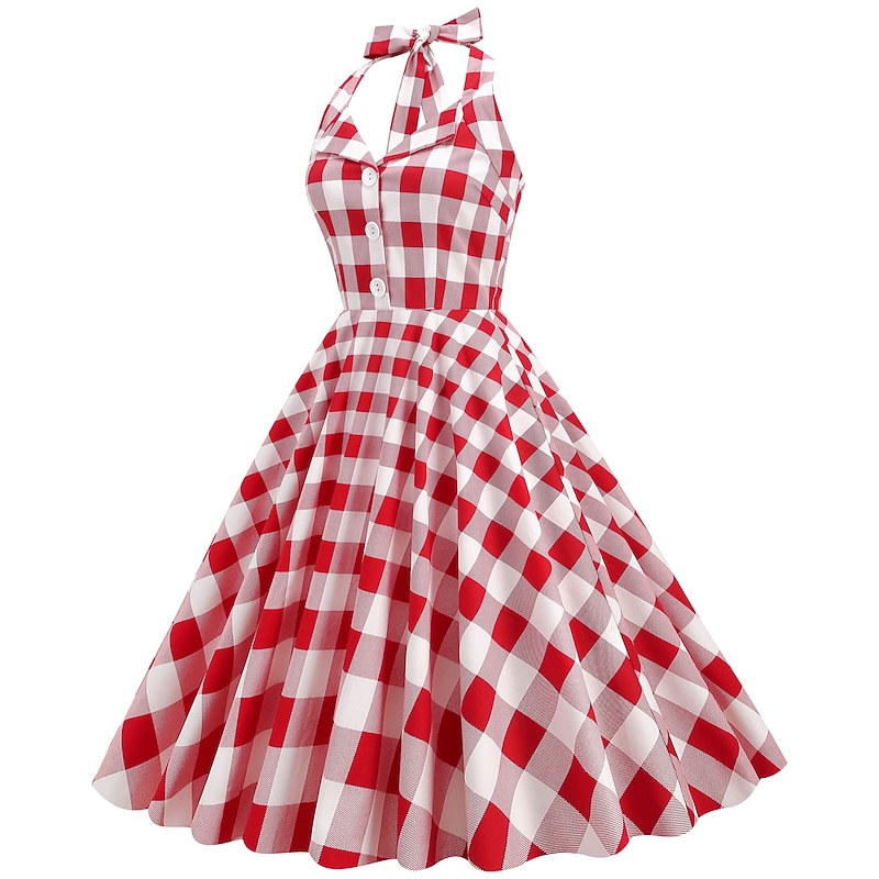 Women's 1950s Audrey Hepburn Halter Swing Dress 100% Cotton Flare Dress Retro Vintage Gingham Check Dailywear Tea Party Casual Daily Sleeveless Fit & Flare Dress Christmas3