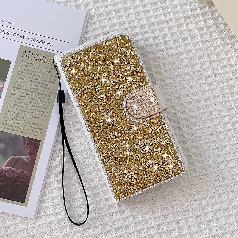 Phone Case For Samsung Galaxy S25 S24 S23 S22 S21 FE S21 Ultra Plus A55 5G A35 5G A25 A15 Wallet Case Bling Rhinestone with Phone Strap Glitter Shine Crystal Diamond PU Leather3