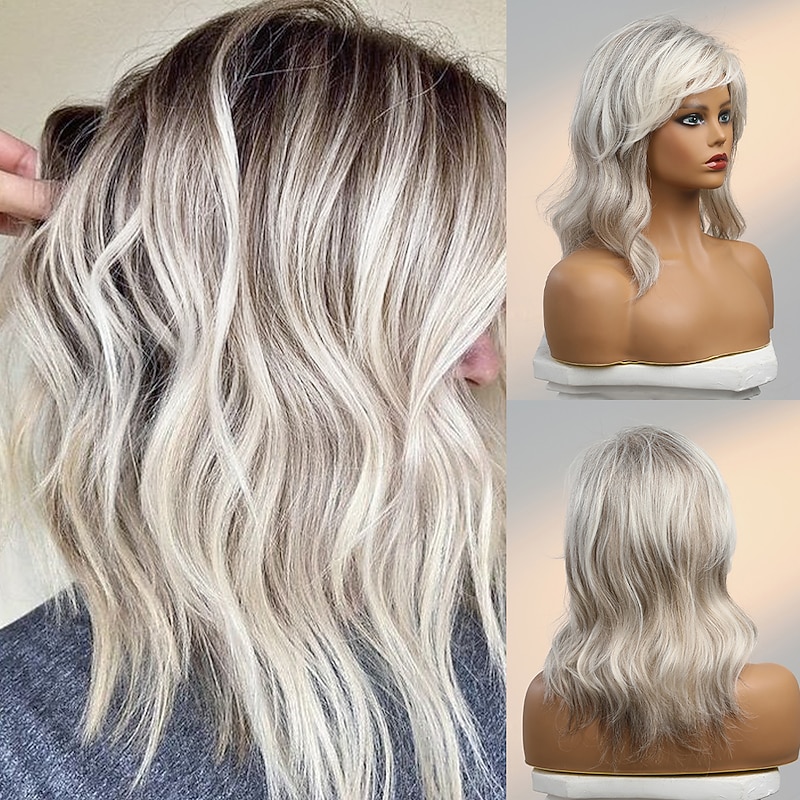 Human Hair Blend Wig Medium Length Natural Wave Side Part Layered Haircut Asymmetrical With Bangs Blonde Cosplay Curler & straightener Natural Hairline Capless Burmese Hair Women's All Golden Brown