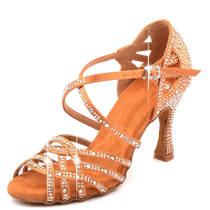 Women's Latin Dance Shoes Salsa Shoes Dance Shoes Performance Indoor Glitter Crystal Sequined Jeweled Heel Peep Toe Buckle Cross Strap Adults' Almond Black Red2