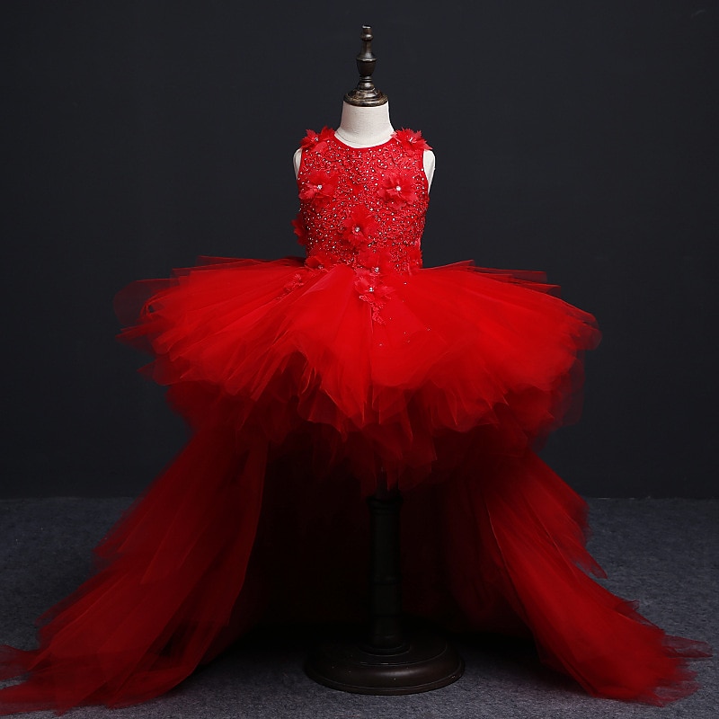 Kids Little Girls' Dress Floral Solid Colored A Line Dress Party Performance Embroidered Mesh Bow Red Asymmetrical Sleeveless Princess Sweet Dresses Spring Summer Regular Fit 3-12 Years3