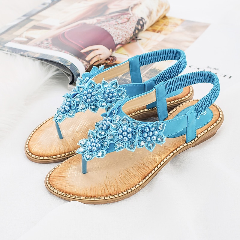 Women's Boho Floral Beaded Sandals – Casual Elastic Strap Summer Flip-Flops with Embellished Design for Beach or Casual Outfits2