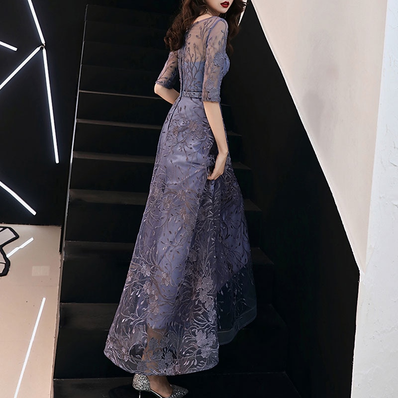 A-Line Evening Gown Elegant Dress Wedding Guest Formal Evening Floor Length Half Sleeve Jewel Neck Tulle with Embroidery Pattern / Print free custom size2