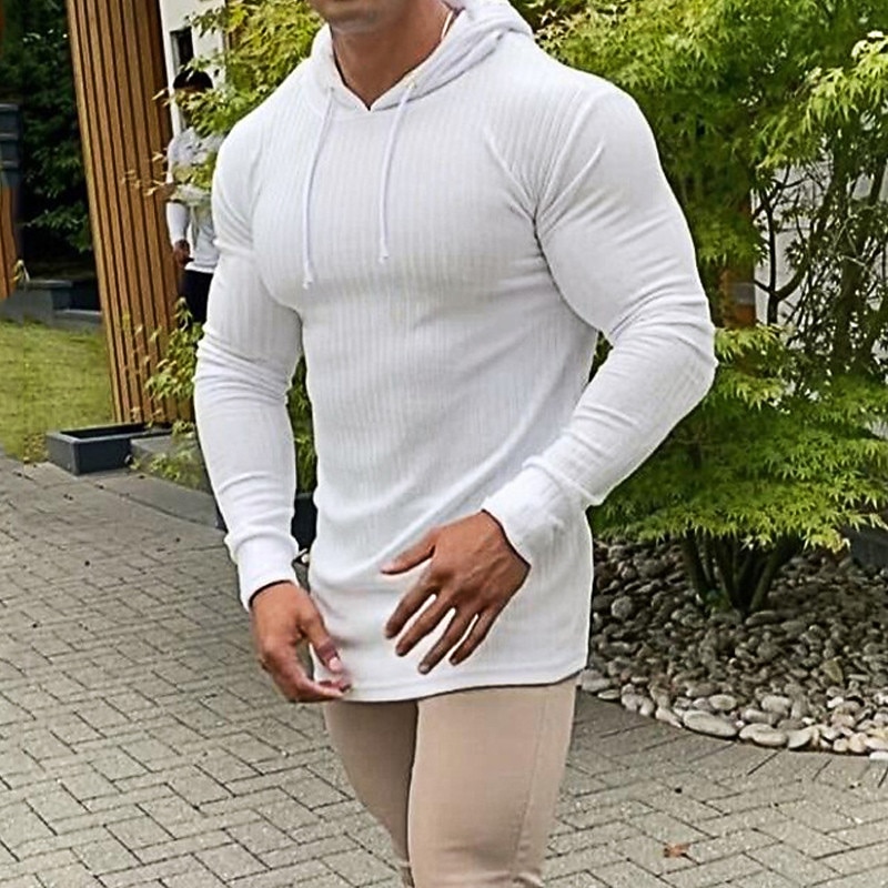 Men's Hoodie Black White Gray Hooded Solid Color Ribbed Textured Knit-texture Sports & Outdoor Polyester Active Winter Clothing Apparel Hoodies Sweatshirts  Long Sleeve Slim2