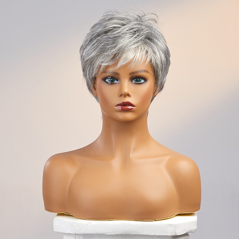 Human Hair Wig Short Straight With Bangs Dark Gray Soft Party Women Capless Brazilian Hair Women's Grey 8 inch Party / Evening Daily Daily Wear3