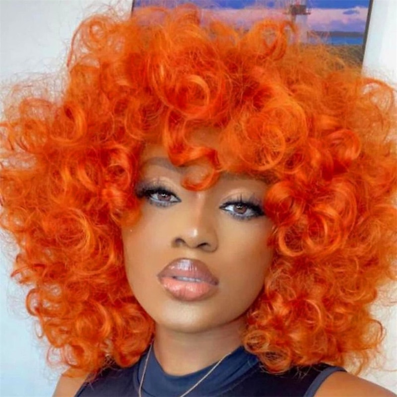 Short Afro Curly Synthetic Hair Wigs for Black Women Loose Curly Fluffy Shoulder Length Natural Looking Hair Orange Wigs Heat Resistant Hair Replacement Wigs