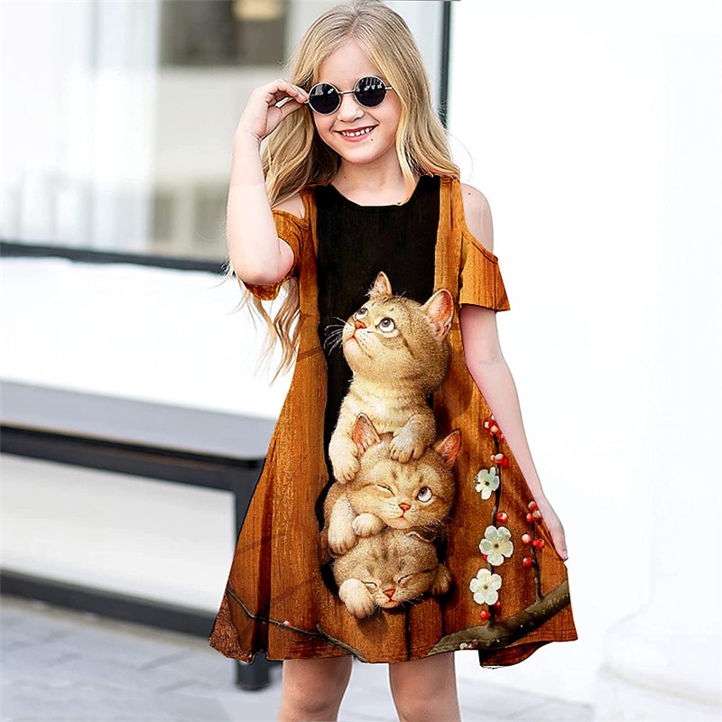 Girls' 3D Animal Cat Dress Short Sleeve 3D Print Summer Spring Vacation Daily Holiday Cute Casual Sweet Kids 3-12 Years A Line Dress Above Knee Regular Fit2