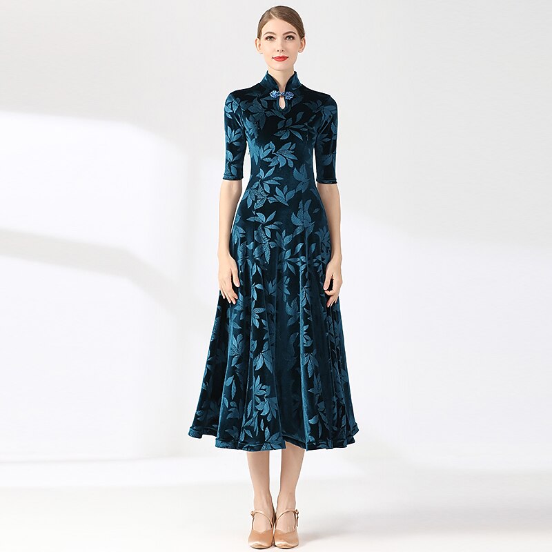 Ballroom Dance Dress Printing Women's Performance Training Half Sleeve High Velvet4